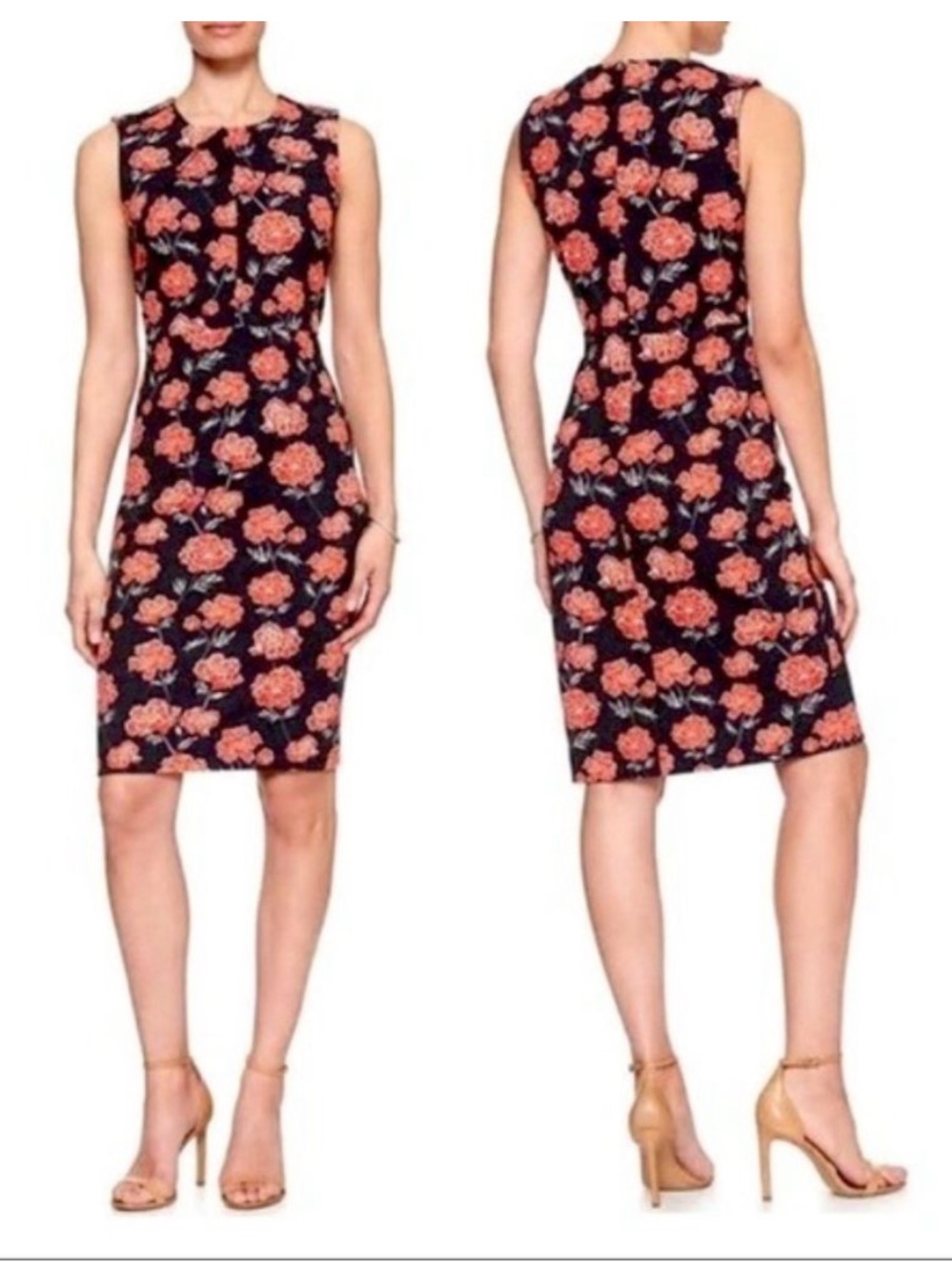 Banana Republic Navy Floral Sheath Dress Sleeveless Red Orange Sz 0 Office Work